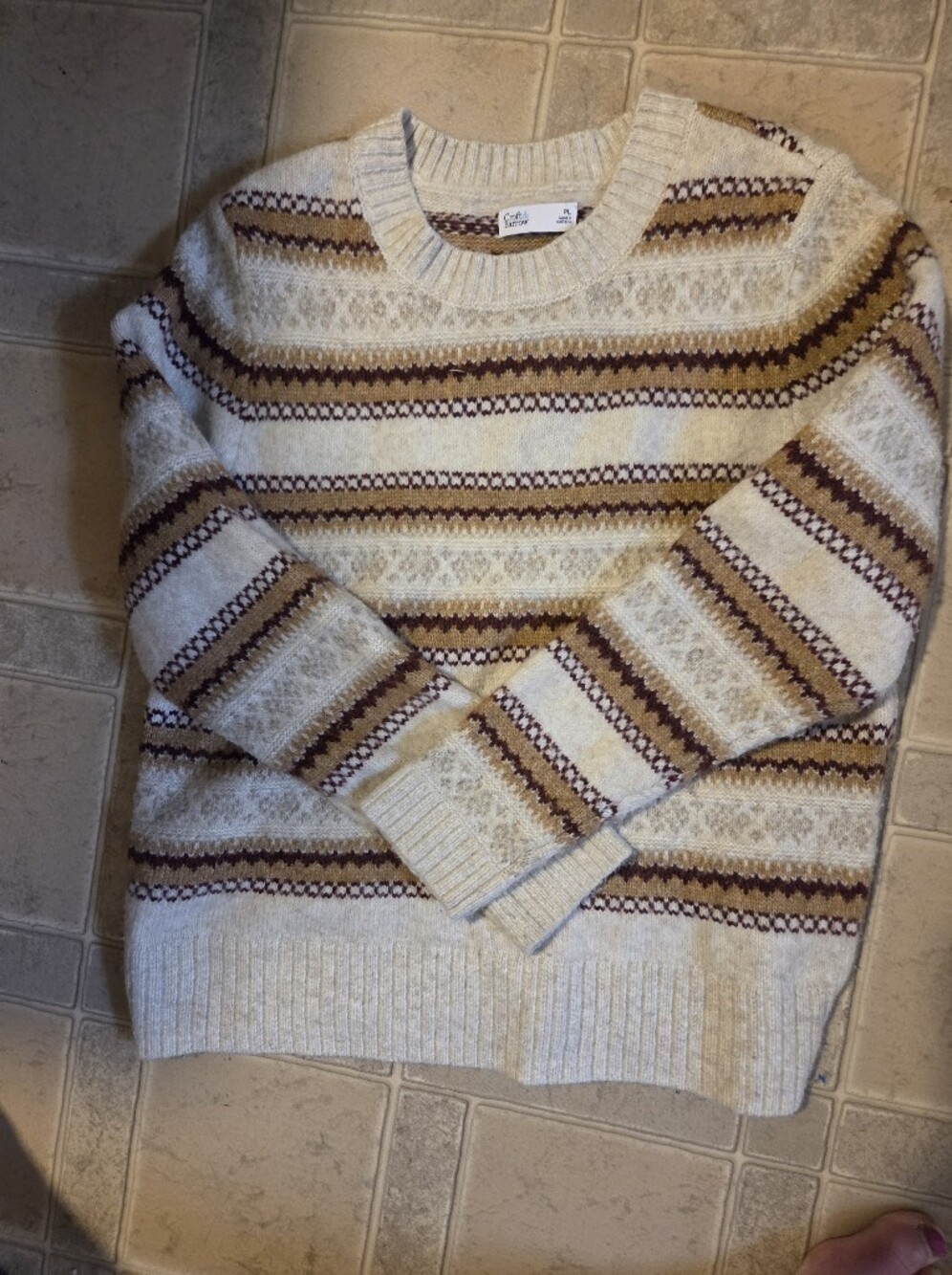croft & barrow Cream Crewneck Sweater with Brown and Tan Fair Isle Stripes